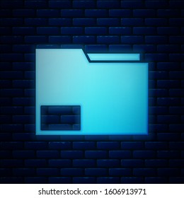 Glowing neon Document folder icon isolated on brick wall background. Accounting binder symbol. Bookkeeping management.  Vector Illustration