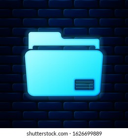 Glowing neon Document folder icon isolated on brick wall background. Accounting binder symbol. Bookkeeping management.  Vector Illustration