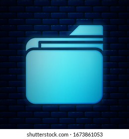 Glowing neon Document folder icon isolated on brick wall background. Accounting binder symbol. Bookkeeping management.  Vector Illustration