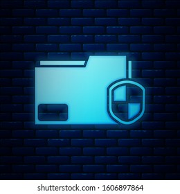 Glowing neon Document folder protection concept icon isolated on brick wall background. Confidential information and privacy idea, guard, shield.  Vector Illustration