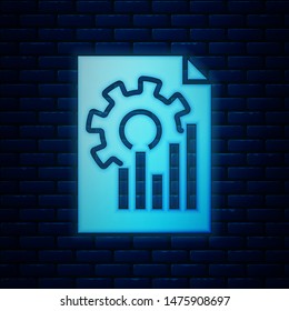 Glowing neon Document with graph chart icon isolated on brick wall background. Report text file icon. Accounting sign. Audit, analysis, planning.  Vector Illustration