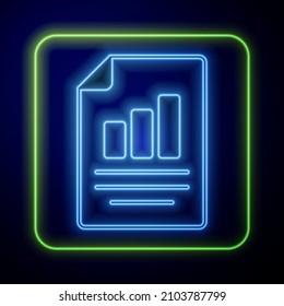 Glowing neon Document with graph chart icon isolated on blue background. Report text file icon. Accounting sign. Audit, analysis, planning.  Vector
