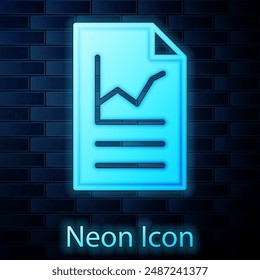 Glowing neon Document with graph chart icon isolated on brick wall background. Report text file icon. Accounting sign. Audit, analysis, planning.  Vector