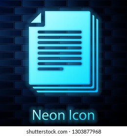 Glowing neon Document icon isolated on brick wall background. File icon. Checklist icon. Business concept. Vector Illustration