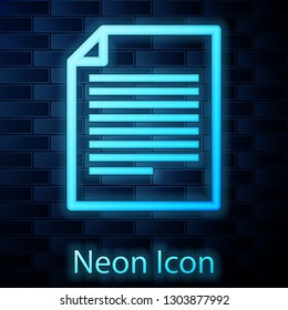 Glowing neon Document icon isolated on brick wall background. File icon. Checklist icon. Business concept. Vector Illustration