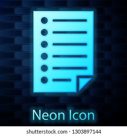 Glowing neon Document icon isolated on brick wall background. File icon. Checklist icon. Business concept. Vector Illustration