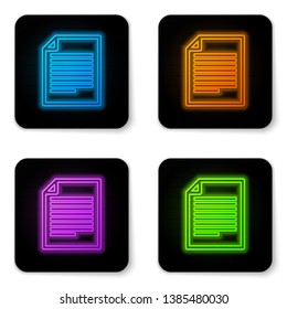 Glowing neon Document icon isolated on white background. File icon. Checklist icon. Business concept. Black square button. Vector Illustration