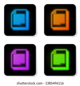 Glowing neon Document icon isolated on white background. File icon. Checklist icon. Business concept. Black square button. Vector Illustration