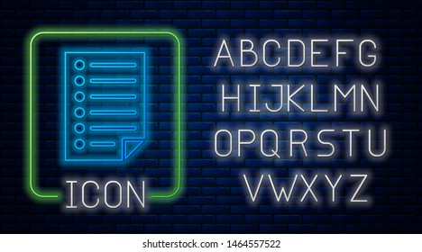Glowing neon Document icon isolated on brick wall background. File icon. Checklist icon. Business concept. Neon light alphabet. Vector Illustration