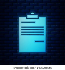 Glowing neon Document icon isolated on brick wall background. File icon. Checklist icon. Business concept.   Vector Illustration