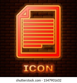 Glowing neon Document icon isolated on brick wall background. File icon. Checklist icon. Business concept.  Vector Illustration