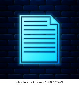 Glowing neon Document icon isolated on brick wall background. File icon. Checklist icon. Business concept.  Vector Illustration