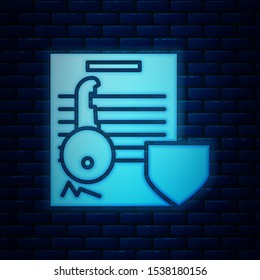 Glowing neon Document with key with shield icon isolated on brick wall background. Key insurance. Security, safety, protection, protect concept.  Vector Illustration