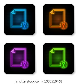 Glowing neon Document and lock icon isolated on white background. File format and padlock. Security, safety, protection concept. Black square button. Vector Illustration