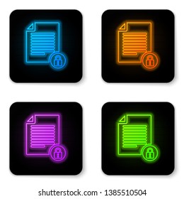 Glowing neon Document and lock icon isolated on white background. File format and padlock. Security, safety, protection concept. Black square button. Vector Illustration