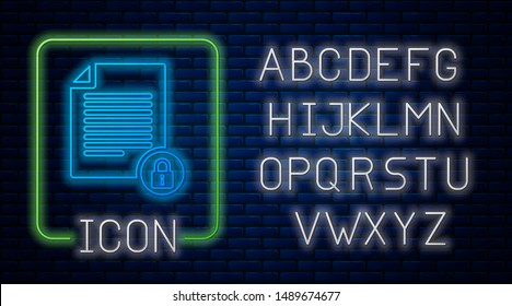 Glowing neon Document and lock icon isolated on brick wall background. File format and padlock. Security, safety, protection concept. Neon light alphabet. Vector Illustration