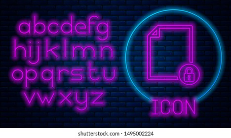 Glowing neon Document and lock icon isolated on brick wall background. File format and padlock. Security, safety, protection concept. Neon light alphabet. Vector Illustration