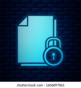 Glowing neon Document and lock icon isolated on brick wall background. File format and padlock. Security, safety, protection concept.  Vector Illustration