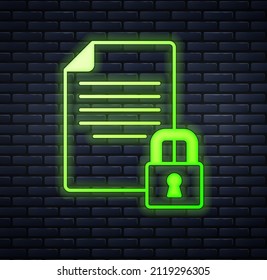 Glowing neon Document and lock icon isolated on brick wall background. File format and padlock. Security, safety, protection concept.  Vector