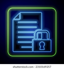 Glowing neon Document and lock icon isolated on blue background. File format and padlock. Security, safety, protection concept.  Vector