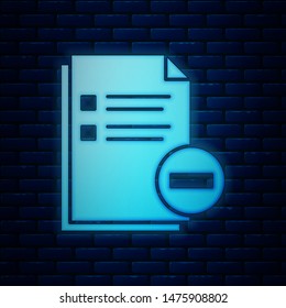 Glowing neon Document with minus icon isolated on brick wall background. Clear document. Remove file document. Delete information file.  Vector Illustration