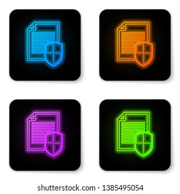 Glowing neon Document protection concept icon on white background. Confidential information and privacy idea, secure data with paper doc roll and guard shield. Black square button. Vector Illustration