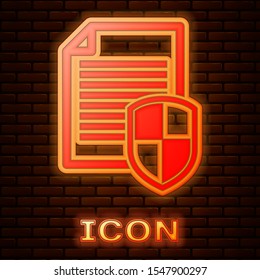 Glowing neon Document protection concept icon isolated on brick wall background. Confidential information and privacy idea, secure, guard, shield.  Vector Illustration