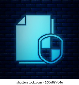 Glowing neon Document protection concept icon isolated on brick wall background. Confidential information and privacy idea, secure, guard, shield.  Vector Illustration