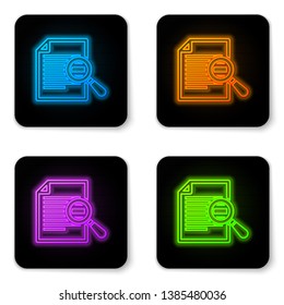 Glowing neon Document with search icon isolated on white background. File and magnifying glass icon. Analytics research sign. Black square button. Vector Illustration