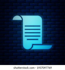 Glowing neon Document with shield icon isolated on brick wall background. Insurance concept. Security, safety, protection, protect concept.  Vector