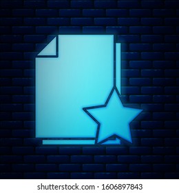 Glowing neon Document with star icon isolated on brick wall background. Document best, favorite, rating symbol.  Vector Illustration