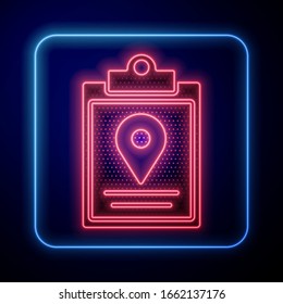 Glowing neon Document tracking marker system icon isolated on blue background. Parcel tracking.  Vector Illustration