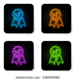 Glowing neon Dog award symbol icon isolated on white background. Medal with dog footprint as pets exhibition winner concept. Black square button. Vector Illustration