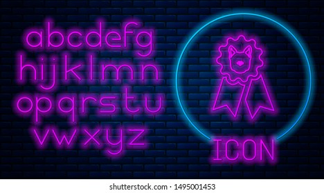 Glowing neon Dog award symbol icon isolated on brick wall background. Medal with dog footprint as pets exhibition winner concept. Neon light alphabet. Vector Illustration