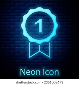 Glowing neon Dog award symbol icon isolated on brick wall background. Medal with dog footprint as pets exhibition winner concept.  Vector