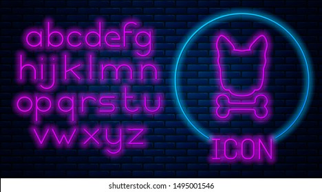 Glowing neon Dog and bone icon isolated on brick wall background. Pets food symbol. Neon light alphabet. Vector Illustration