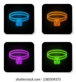 Glowing neon Dog collar with name tag and bone plaque icon isolated on white background. Supplies for domestic animal. Cat and dog care. Pet dog chains. Black square button. Vector Illustration