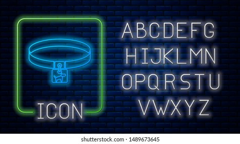 Glowing neon Dog collar with name tag icon isolated on brick wall background. Simple supplies for domestic animal. Cat and dog care. Pet dog chains. Neon light alphabet. Vector Illustration