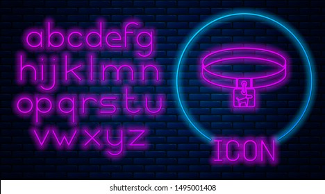 Glowing neon Dog collar with name tag icon isolated on brick wall background. Simple supplies for domestic animal. Cat and dog care. Pet dog chains. Neon light alphabet. Vector Illustration