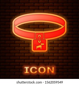 Glowing neon Dog collar with name tag icon isolated on brick wall background. Simple supplies for domestic animal. Cat and dog care. Pet dog chains.  Vector Illustration