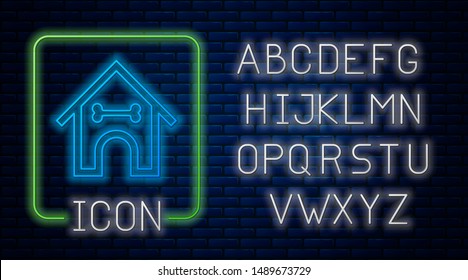 Glowing neon Dog house and bone icon isolated on brick wall background. Dog kennel. Neon light alphabet. Vector Illustration
