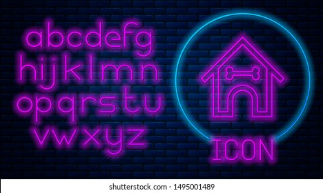Glowing neon Dog house and bone icon isolated on brick wall background. Dog kennel. Neon light alphabet. Vector Illustration