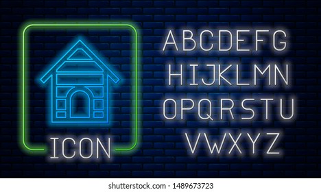 Glowing neon Dog house icon isolated on brick wall background. Dog kennel. Neon light alphabet. Vector Illustration