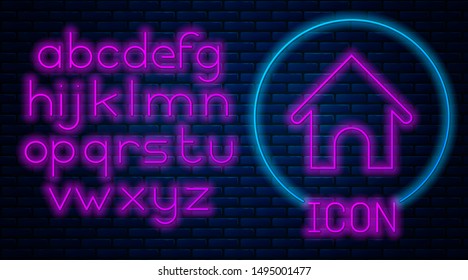 Glowing neon Dog house icon isolated on brick wall background. Dog kennel. Neon light alphabet. Vector Illustration