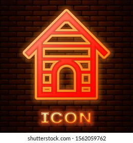 Glowing neon Dog house icon isolated on brick wall background. Dog kennel.  Vector Illustration