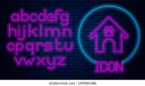 Glowing neon Dog house and paw print pet icon isolated on brick wall background. Dog kennel. Neon light alphabet. Vector Illustration