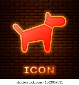 Glowing neon Dog icon isolated on brick wall background.  Vector Illustration