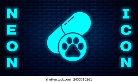 Glowing neon Dog pill icon isolated on brick wall background. Prescription medicine for animal.  Vector