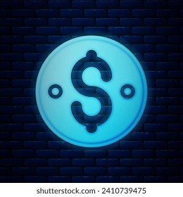 Glowing neon Dollar symbol icon isolated on brick wall background. Cash and money, wealth, payment symbol. Casino gambling.  Vector