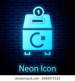 Glowing neon Donate or pay your zakat as muslim obligatory icon isolated on brick wall background. Muslim charity or alms in ramadan kareem before eid al-fir.  Vector